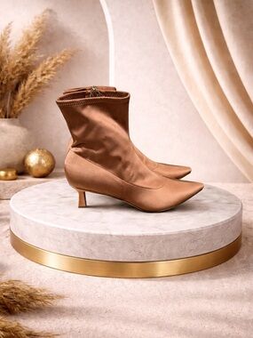 Unisa Women's Satin Pointed-Toe Kitten Heel Ankle Boots - Satin Brown Size 10